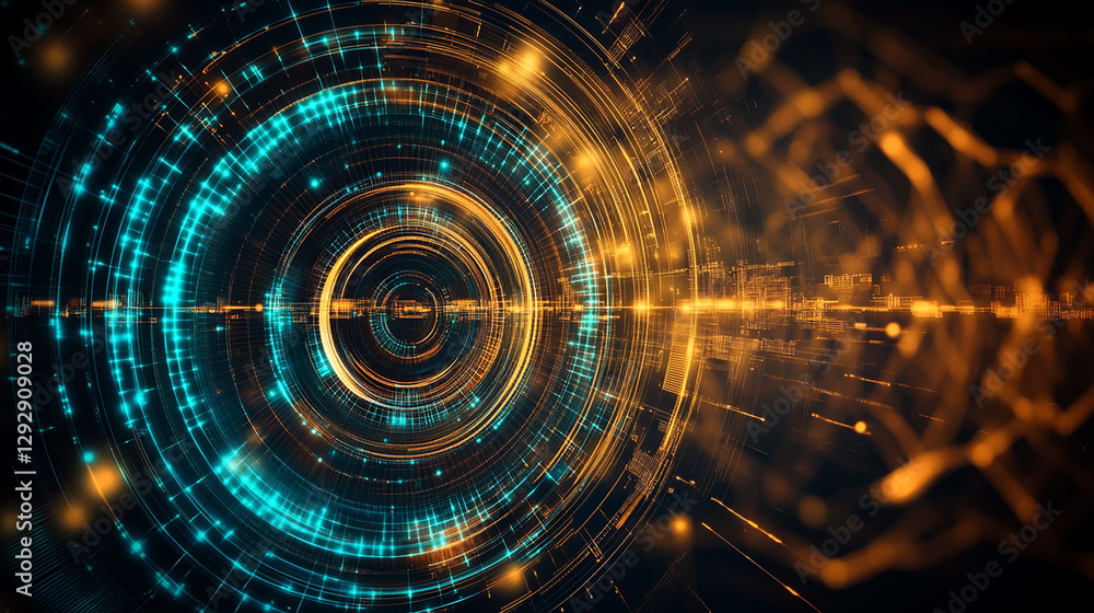 Obraz premium Futuristic Digital Data Tunnel with Glowing Blue and Orange Cyber Elements