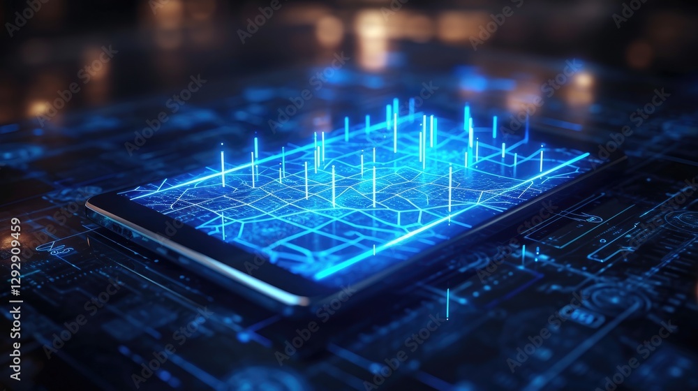 Digital Tablet Displays Futuristic City Map Navigation System