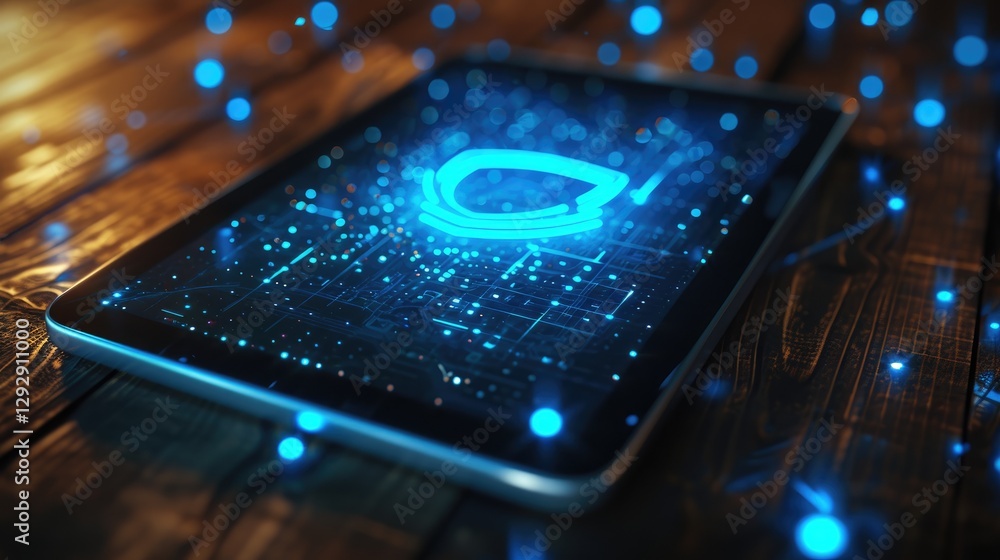 Tablet displays a glowing blue security shield symbol representing digital protection and online safety.