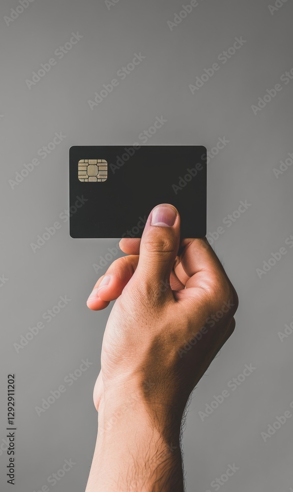 Close-up shot of a hand holding a black credit card against a gray background.