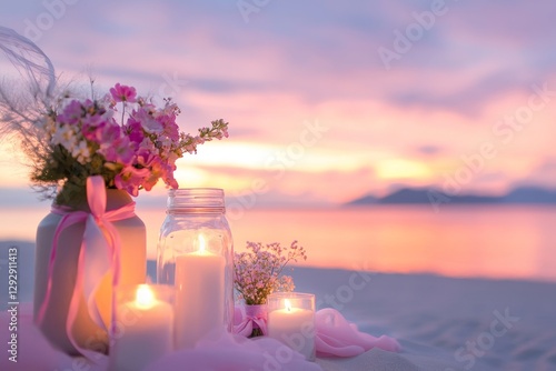 A wedding setup on a beach with pink-themed decorations, including flowers, ribbons, and a pink sunset in the background
