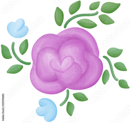 Illustration of a small purple rose blooming.