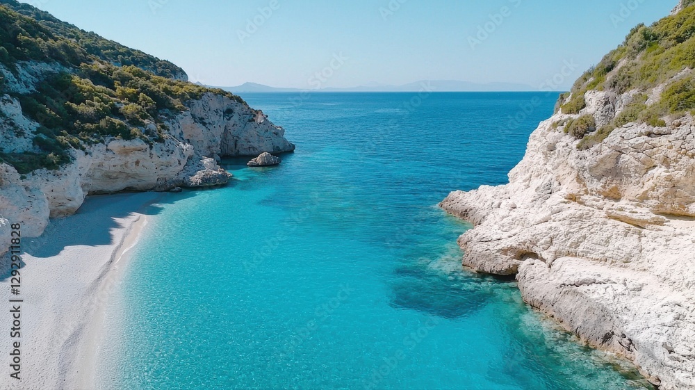 Obraz premium Pristine turquoise waters and rocky coastline under a clear sky, perfect for a tropical escape or relaxing nature retreat.