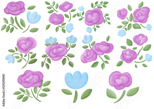 Illustration of a small purple rose blooming.