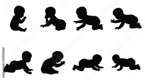  Baby crawling silhouettes collection isolated on white background
