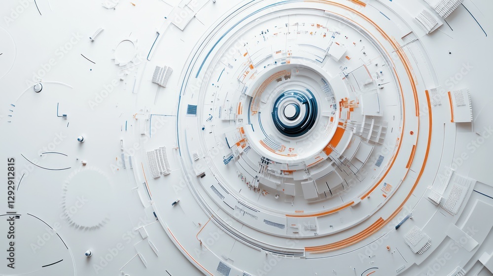 Abstract technological circular design with white, orange, and blue elements. Abstract technological circular design with white, orange, and blue elements.