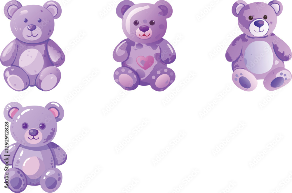 Obraz premium Purple cute teddy bear watercolor vector art set design 