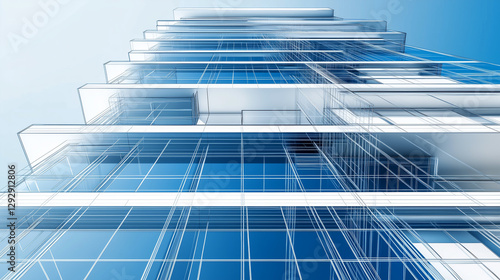 A futuristic high-poly architectural visualization of a modernist skyscraper, presented in blueprint style