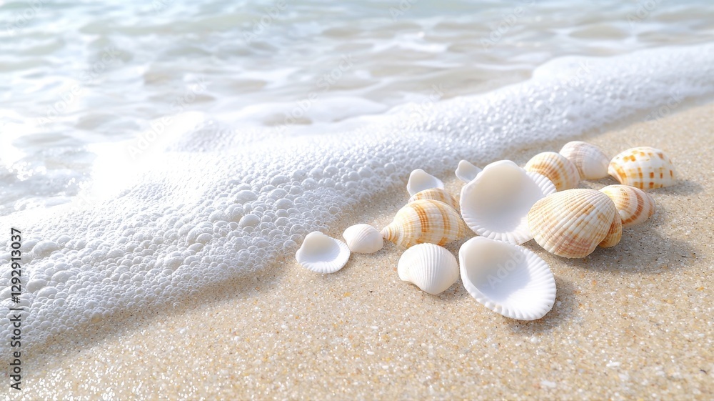 Seashells on sandy beach with gentle ocean waves, capturing serene coastal beauty and tranquility. Seashells on sandy beach with gentle ocean waves, capturing serene coastal beauty and tranquility.