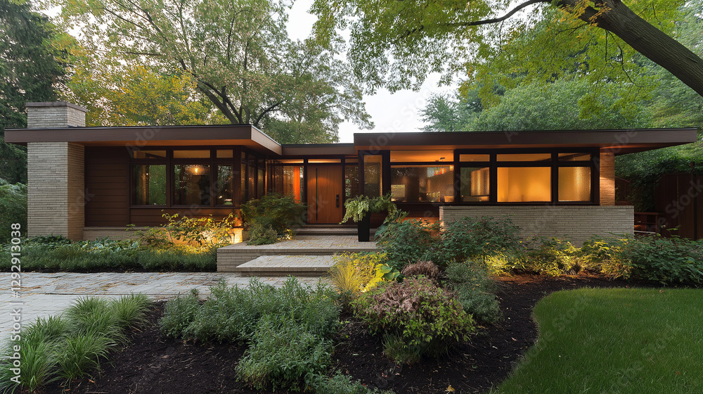 Fototapeta premium Modern Home Exterior: A contemporary home featuring a sleek flat roof, expansive windows, and manicured landscaping, creating an inviting and stylish atmosphere. The evening lights cast a warm glow.