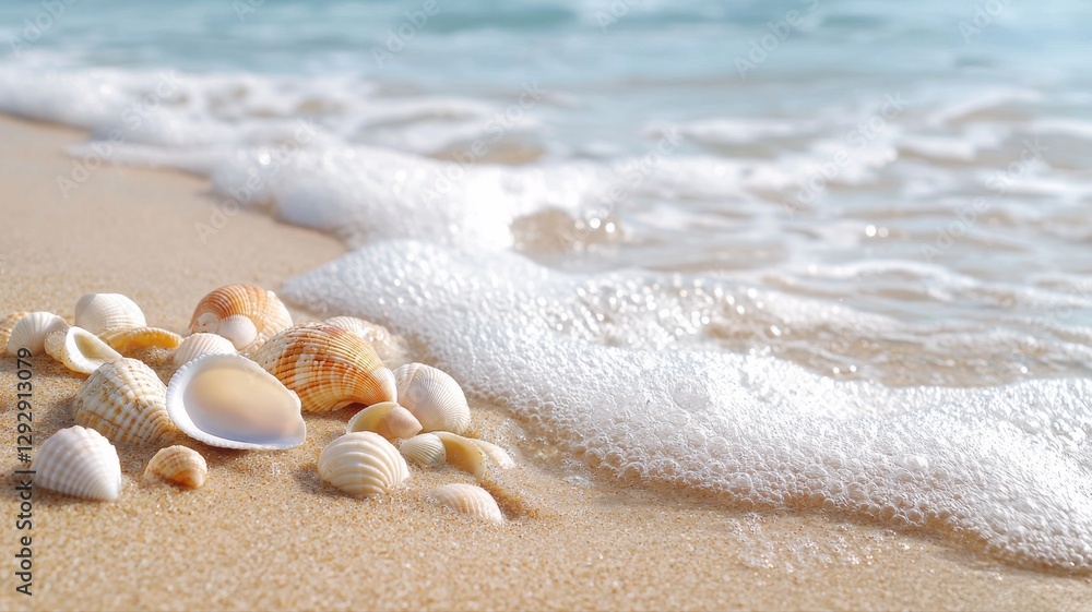 Seashells on sandy beach with gentle waves; serene coastal scene perfect for vacation inspiration. Seashells on sandy beach with gentle waves; serene coastal scene perfect for vacation inspiration.
