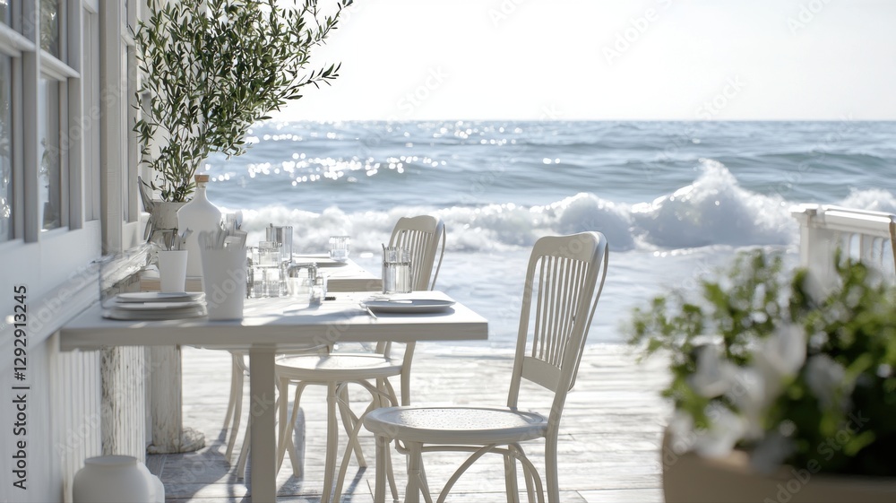 Fototapeta premium Seaside dining setting with tables on a sunny deck overlooking crashing ocean waves and framed by lush greenery.