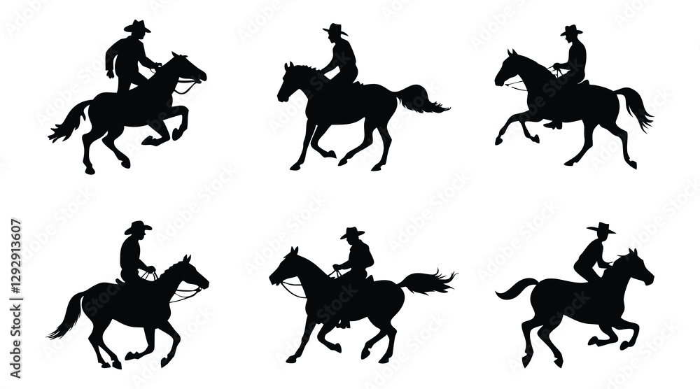 Cowboy riding horse silhouette vector set Cowboy riding horse silhouette vector set
