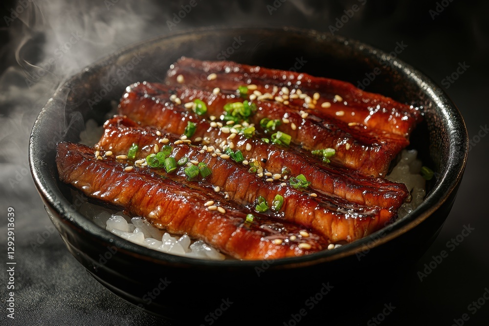 Fototapeta premium Smoked eel poke bowl on black backdrop Japanese culinary art Food photography for menus and sushi bar decor