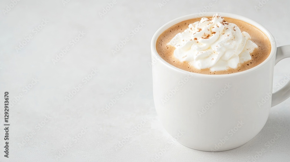 Creamy coffee drink in white mug on light surface Creamy coffee drink in white mug on light surface