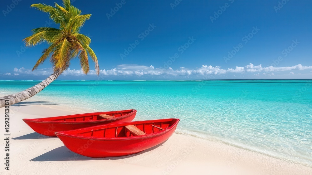 Obraz premium Scenic tropical beach with red boats and palm tree under clear blue sky.