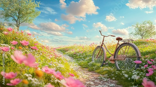 Beautiful landscape of vintage bicycle and flowers
