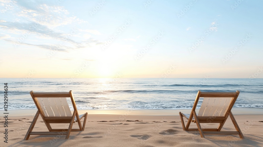 Fototapeta premium Serene beach view at sunrise with two wooden chairs facing the calm ocean, perfect for relaxation and travel inspiration.