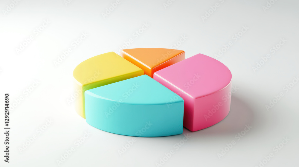 Obraz premium A colorful cartoon pie chart consisting of four sections of different colors. The concept of a three-dimensional icon for a business report. Data analysis. Strategy and statistics