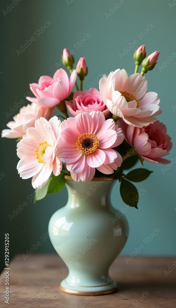 Obraz premium A beautiful arrangement of pastel-toned spring flowers in an antique vase, colorful, arrangement