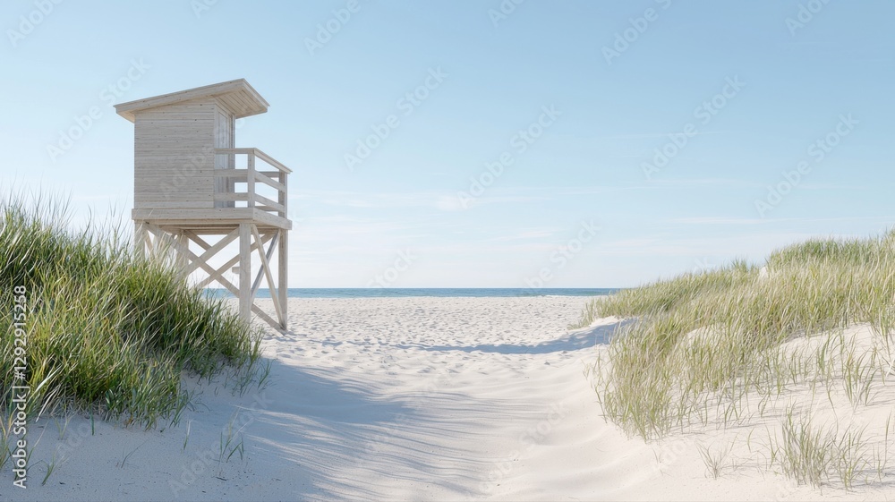 Serene beach with sandy path, grass dunes, and lifeguard tower under a clear blue sky. Serene beach with sandy path, grass dunes, and lifeguard tower under a clear blue sky.