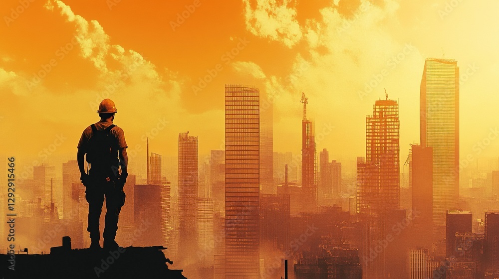 Builder man against cityscape Builder man against cityscape