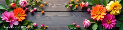 Wallpaper Mural A beautiful wreath of vibrant spring flowers on a rustic wooden background, nature, wreath, rustic Torontodigital.ca