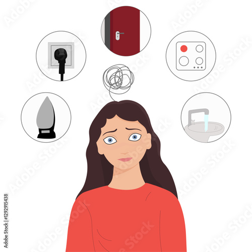 Symptoms of obsessive compulsive disorder or OCD syndrome, flat vector illustration isolated on white background. Infographic for mental health and psychological support.