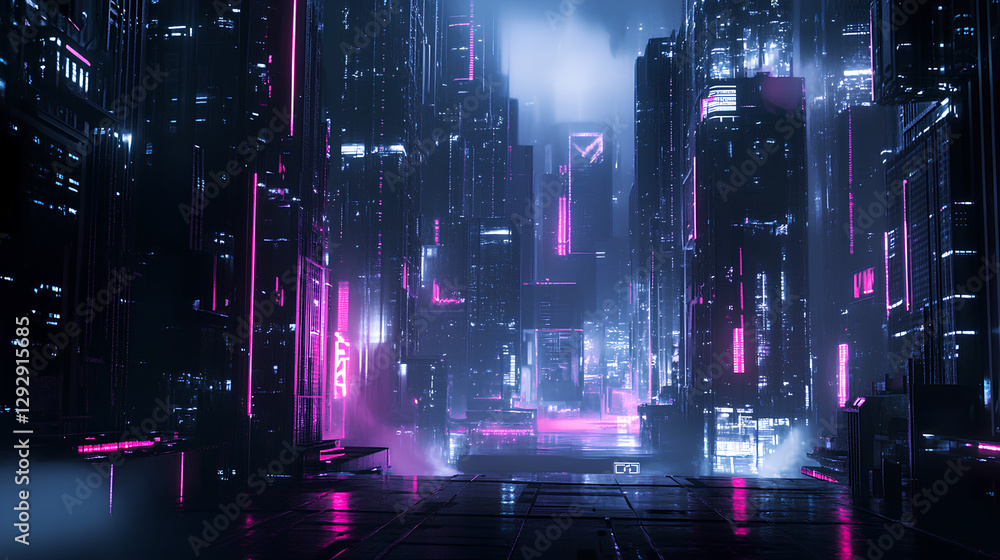Fototapeta premium Cyberpunk Futuristic Cityscape - Neon Lit High-Tech Metropolis at Night
