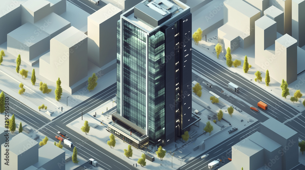 A futuristic isometric city block featuring a towering modern office skyscraper with a minimalist glass exterior A futuristic isometric city block featuring a towering modern office skyscraper with a minimalist glass exterior