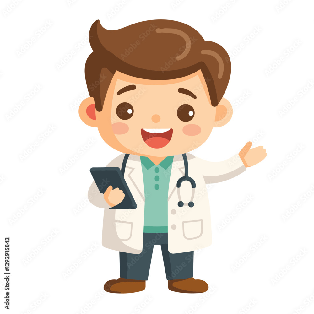Cute cartoon doctor stethoscope around neck holding a tablet presenting healthcare concept Friendly character isolated design Cute cartoon doctor stethoscope around neck holding a tablet presenting healthcare concept Friendly character isolated design