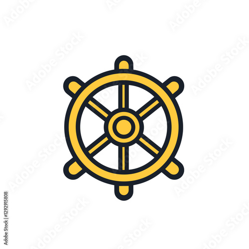 A charming flat vector illustration of a ship's wheel rendered in a bright yellow with bold outlining Ideal for nautical themes