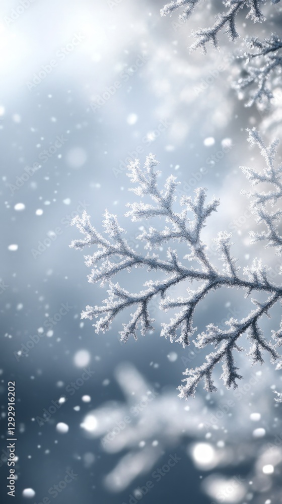Frosty winter branch with snowflakes falling, soft light bokeh background. Frosty winter branch with snowflakes falling, soft light bokeh background.