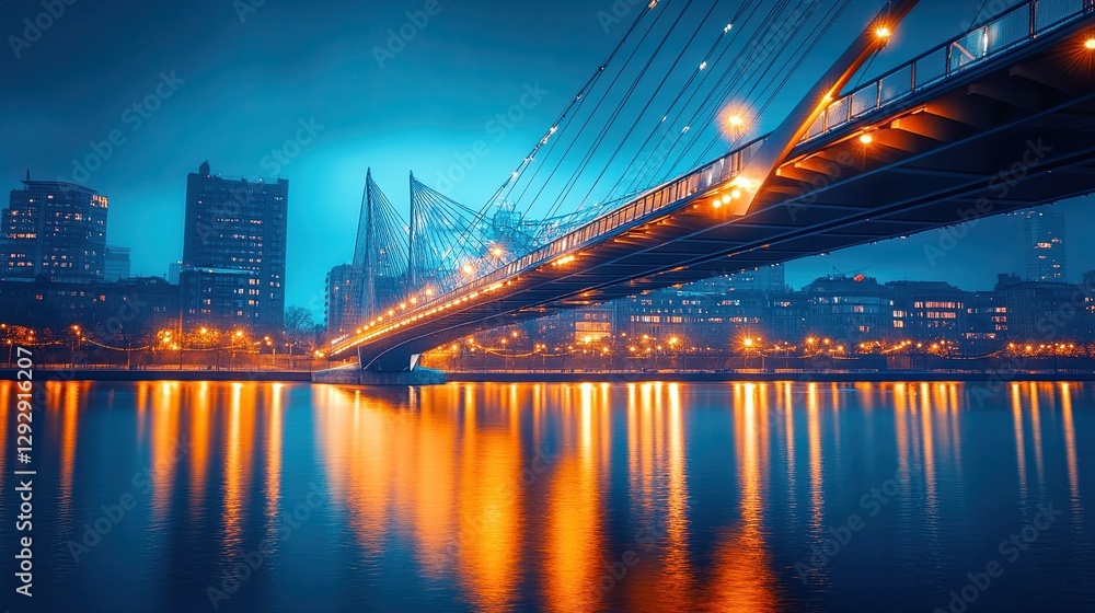 Naklejka premium A stunning night view of a modern suspension bridge, with glowing lights reflecting on the river below. 