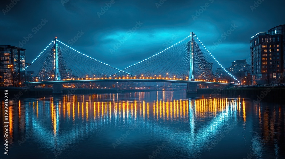 Fototapeta premium A stunning night view of a modern suspension bridge, with glowing lights reflecting on the river below.