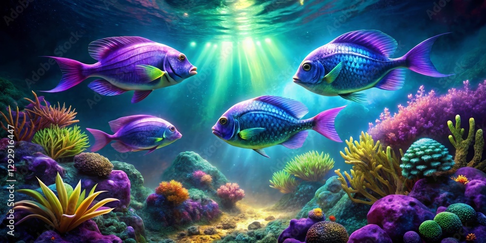Vibrant aquatic scene showcasing a school of iridescent fish gracefully swimming amidst a flourishing underwater coral reef, bathed in sunlit beams. Vibrant aquatic scene showcasing a school of iridescent fish gracefully swimming amidst a flourishing underwater coral reef, bathed in sunlit beams.