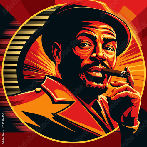Stylized portrait of a gentleman with a cigar in a vibrant color scheme, exuding confidence and charm, vector