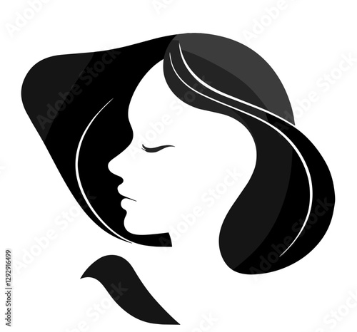 Elegant profile of a woman with stylish hair and a serene expression on a minimalist white background, vector
