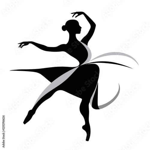 Ballet, Ballet dancer gracefully performing on one foot with flowing ribbons on a white background, vector