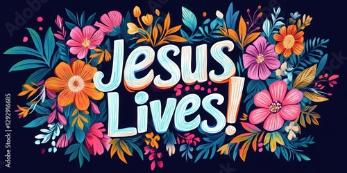 Jesus Lives! Floral Design: A vibrant floral design that embodies faith, featuring the words 