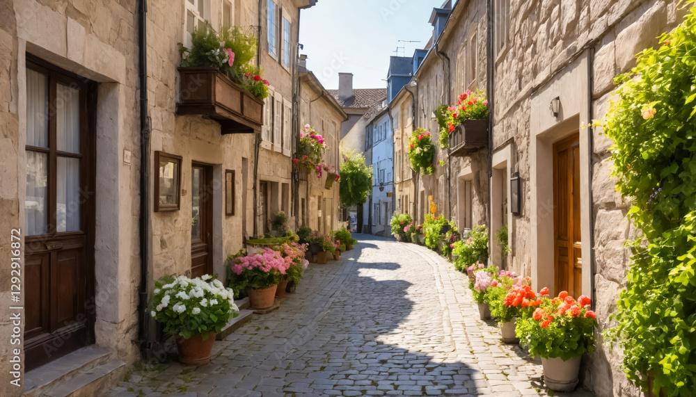 Empty cobblestone street in a quaint european village soft afternoon light. Empty cobblestone street in a quaint european village soft afternoon light.