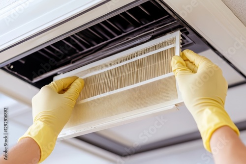 Someone in rubber gloves takes out a stovetop air filter for cleaning