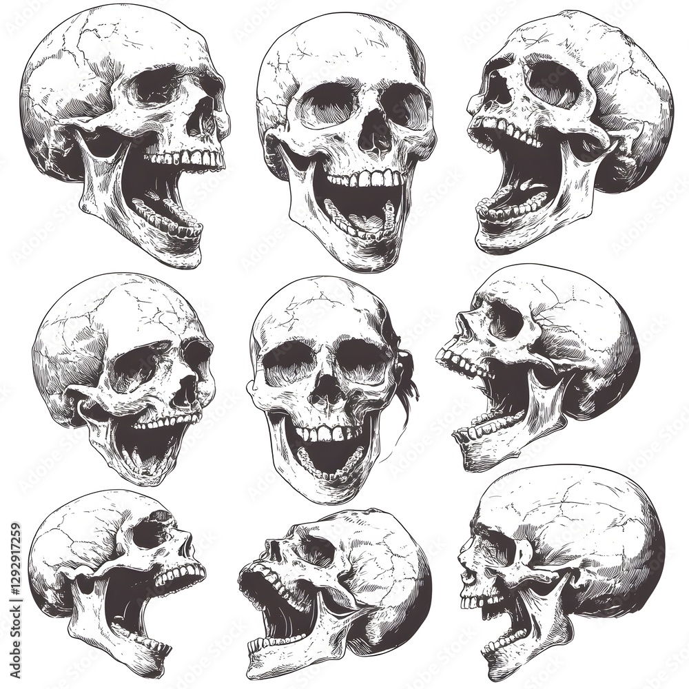Fototapeta premium Creative set featuring a wide range of artistic skull illustrations for design projects