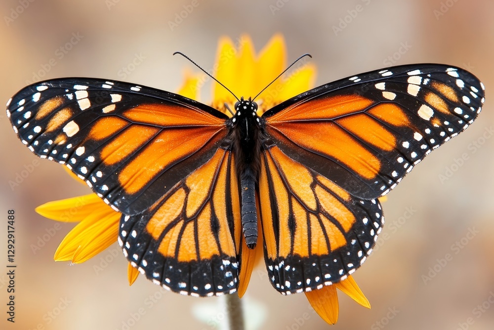 Fototapeta premium A close-up of a vibrant monarch butterfly resting on a sunflower, with its intricate wing patterns clearly visible