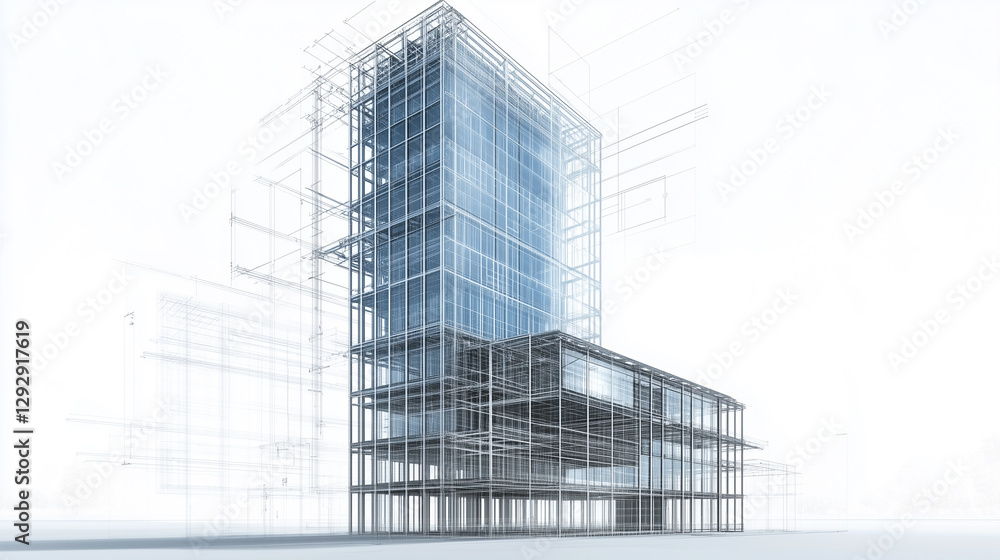 A futuristic skyscraper in an industrial blueprint-style rendering, showcasing an intricate steel frame model with transparent gray-white lines outlining the glass façade A futuristic skyscraper in an industrial blueprint-style rendering, showcasing an intricate steel frame model with transparent gray-white lines outlining the glass façade