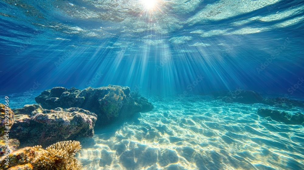 Fototapeta premium A serene underwater background with rays of sunlight piercing through clear blue water. 