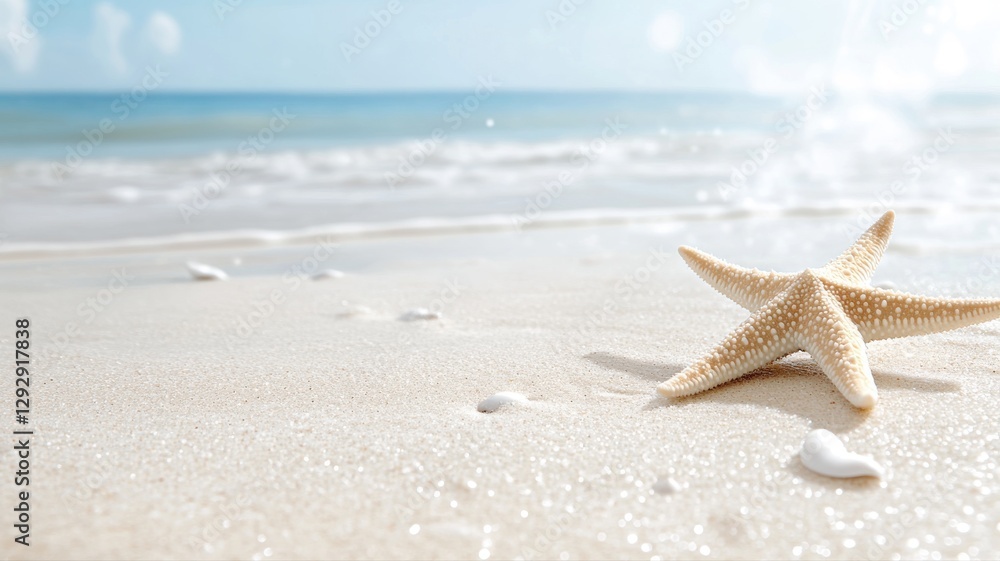 Serene sandy beach with starfish and gentle waves under a clear sky, perfect for summer relaxation. Serene sandy beach with starfish and gentle waves under a clear sky, perfect for summer relaxation.
