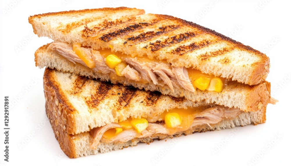 Perfectly toasted tuna and corn grilled cheese sandwich with crispy grill marks, isolated against a clean white background for a modern aesthetic Perfectly toasted tuna and corn grilled cheese sandwich with crispy grill marks, isolated against a clean white background for a modern aesthetic