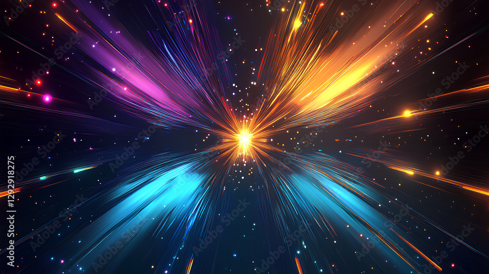 Naklejka premium Cosmic Explosion - Abstract Energy Burst with Vibrant Light Streaks in Space