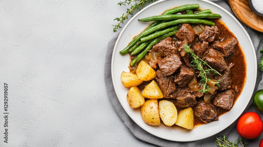 Slowbraised beef stew with buttery potatoes and crisp green beans, beautifully plated against a muted gray background for a modern dining aesthetic Slowbraised beef stew with buttery potatoes and crisp green beans, beautifully plated against a muted gray background for a modern dining aesthetic